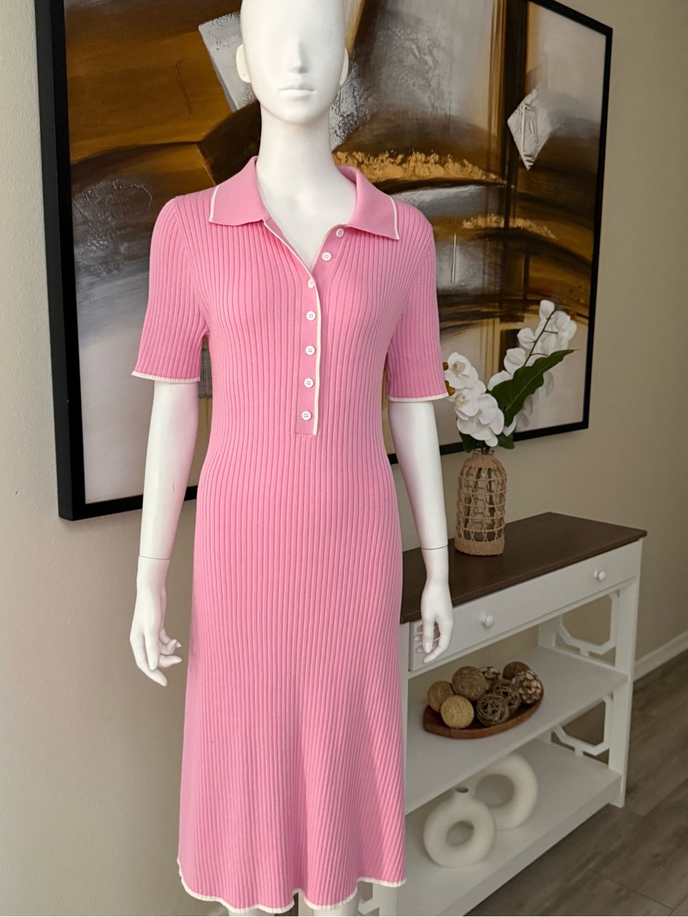 Pink Ribbed Polo Midi Dress with Contrast Trim
